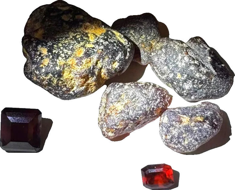 Rough and cut garnets